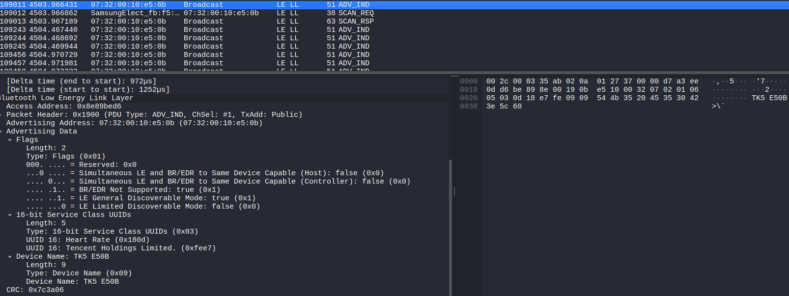 Wireshark ADV_IND packet details