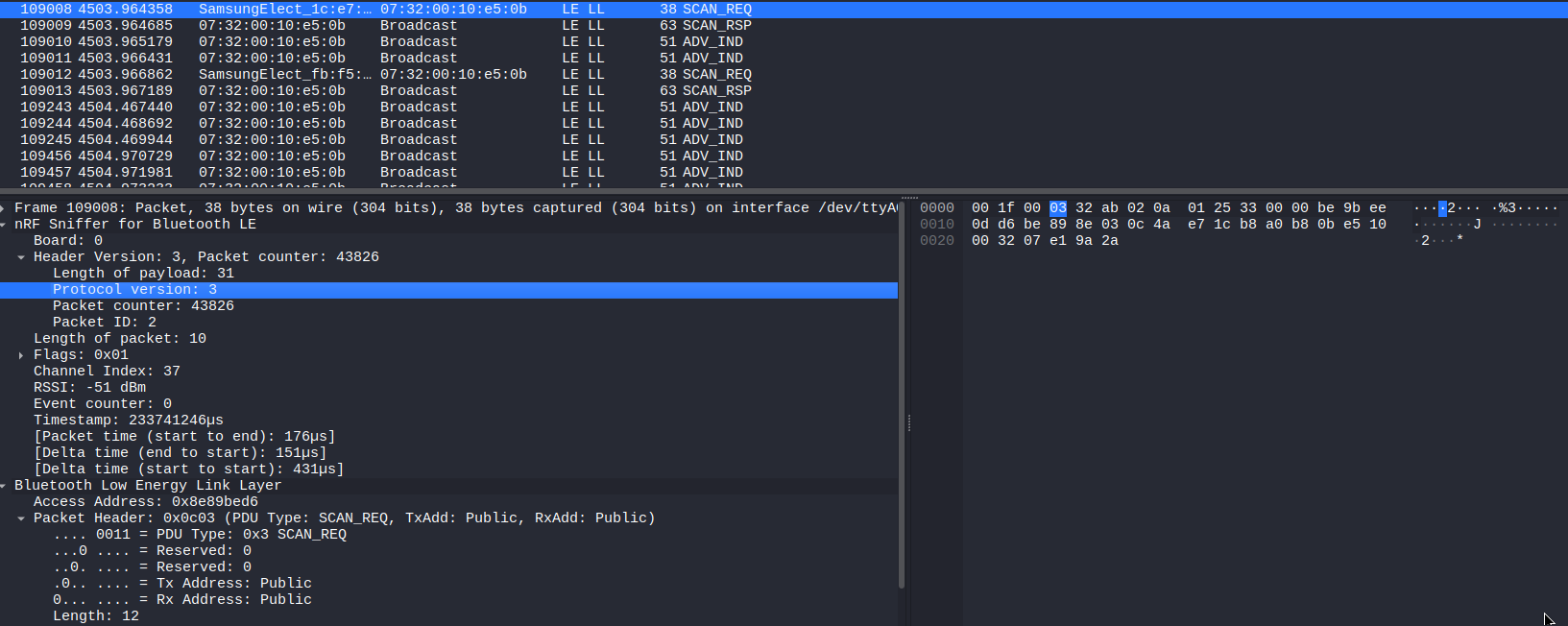 Wireshark SCAN_REQ packet details