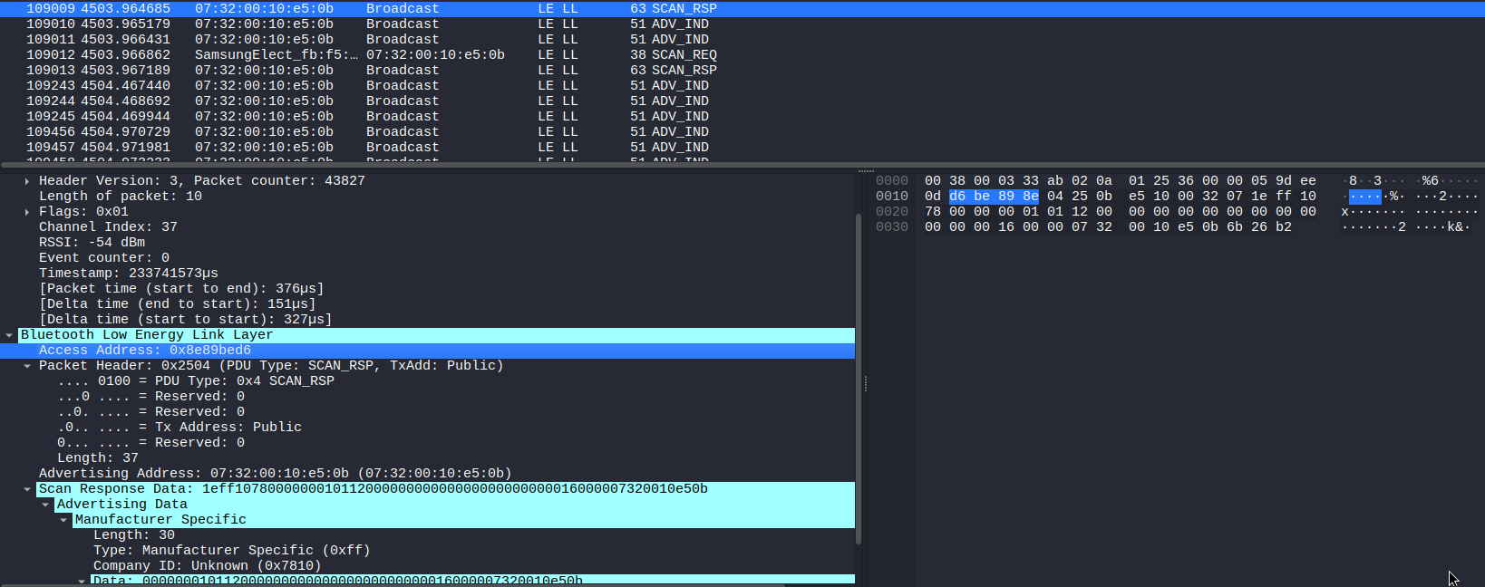 Wireshark SCAN_RSP payload view