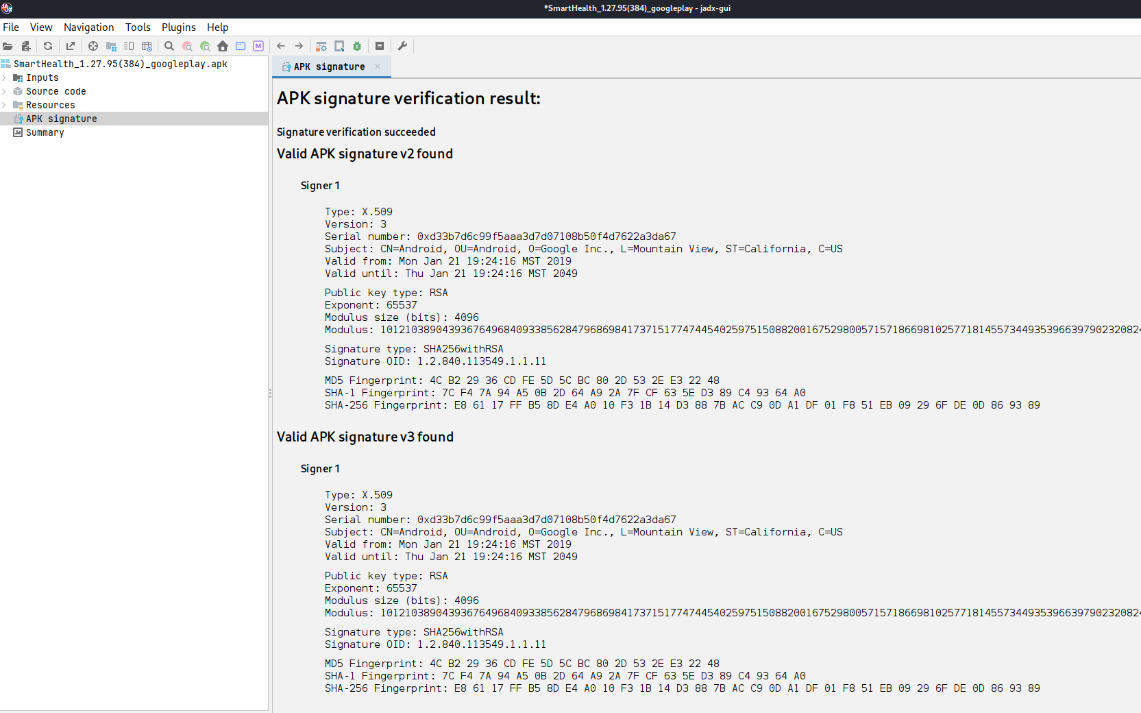 JADX-GUI loading the APK decompiled source