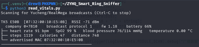 Python CLI output displaying decoded vitals while connected